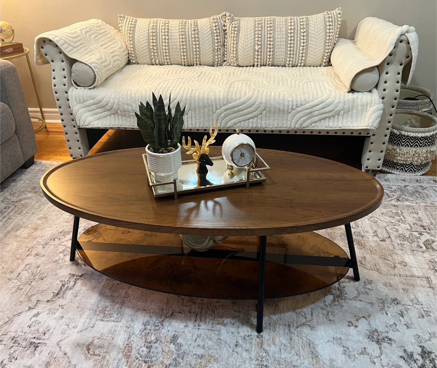 Oval Coffee Table - Wood & Glass Brand New