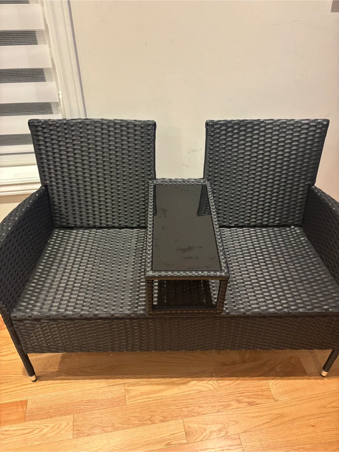 Outdoor Wicker Loveseat with Glass Table-As is image indicator(2)