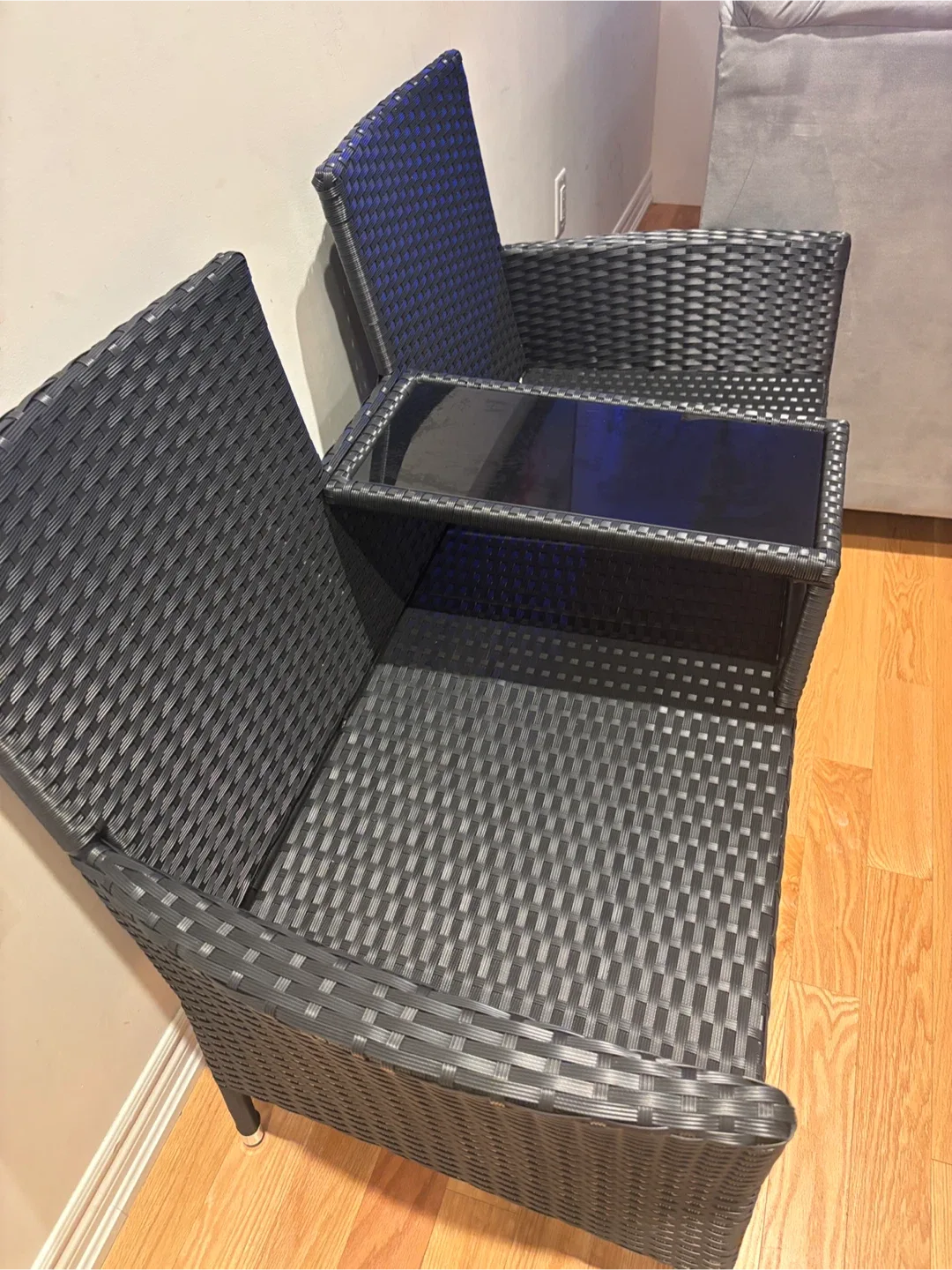 Outdoor Wicker Loveseat with Glass Table-As is image indicator(3)