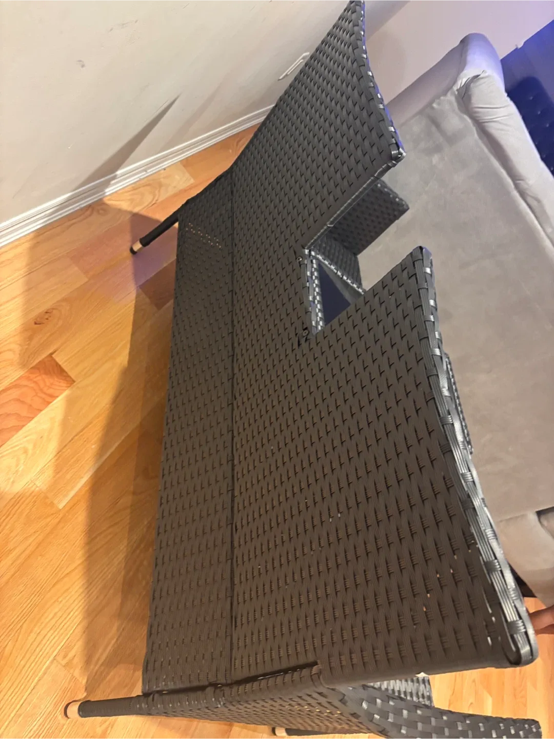 Outdoor Wicker Loveseat with Glass Table-As is image indicator(7)