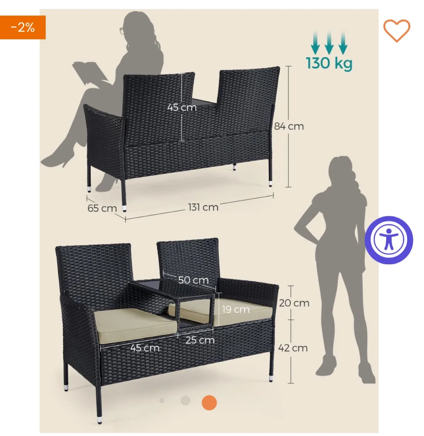 Outdoor Wicker Loveseat with Glass Table-As is image indicator(8)
