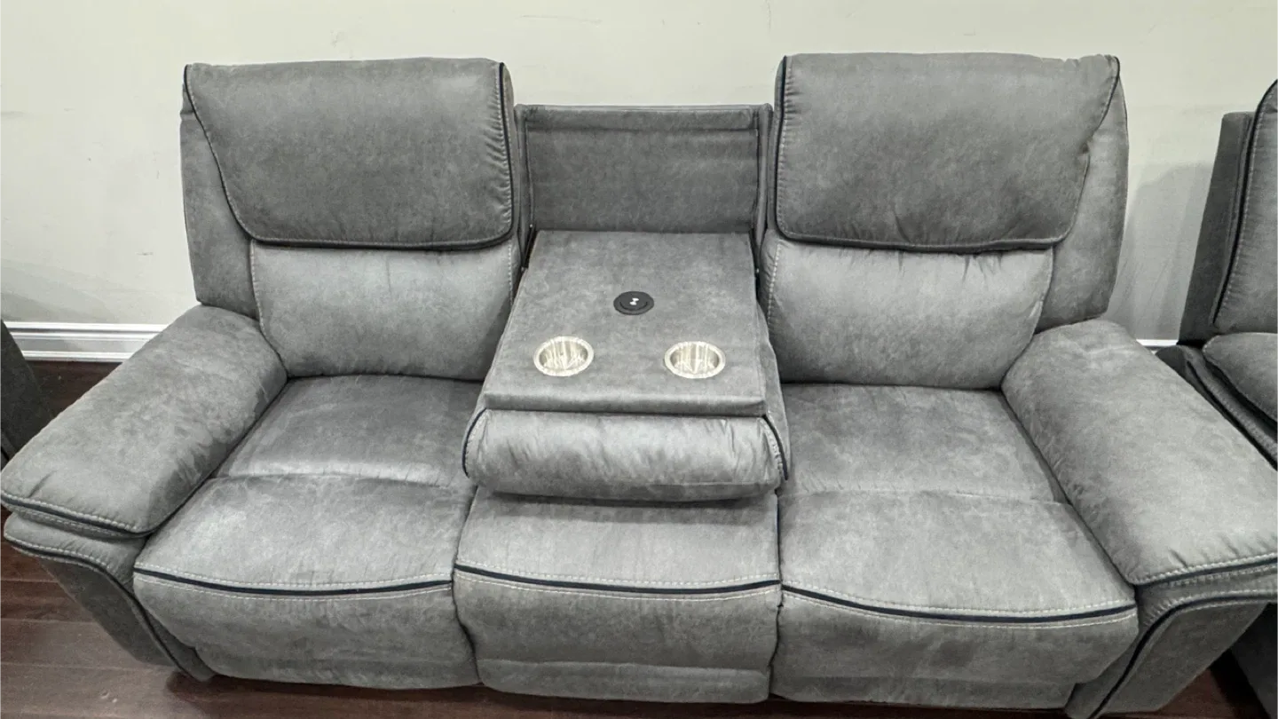 Moving sale - 3 piece-Grey Reclining Loveseat with Console image indicator(2)