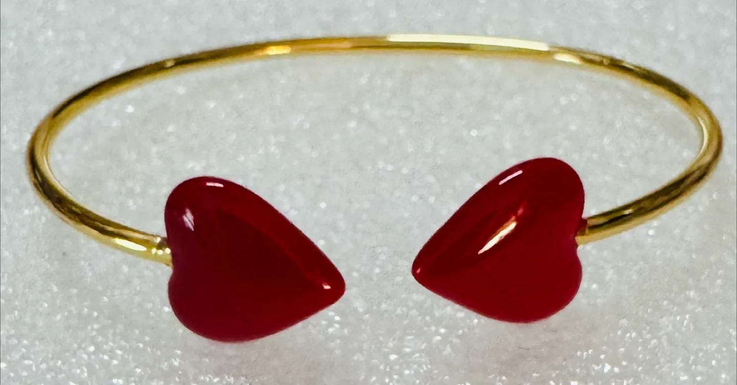 Double Red Hearts Gold Plated Bangle Bracelet NEW! image indicator(2)