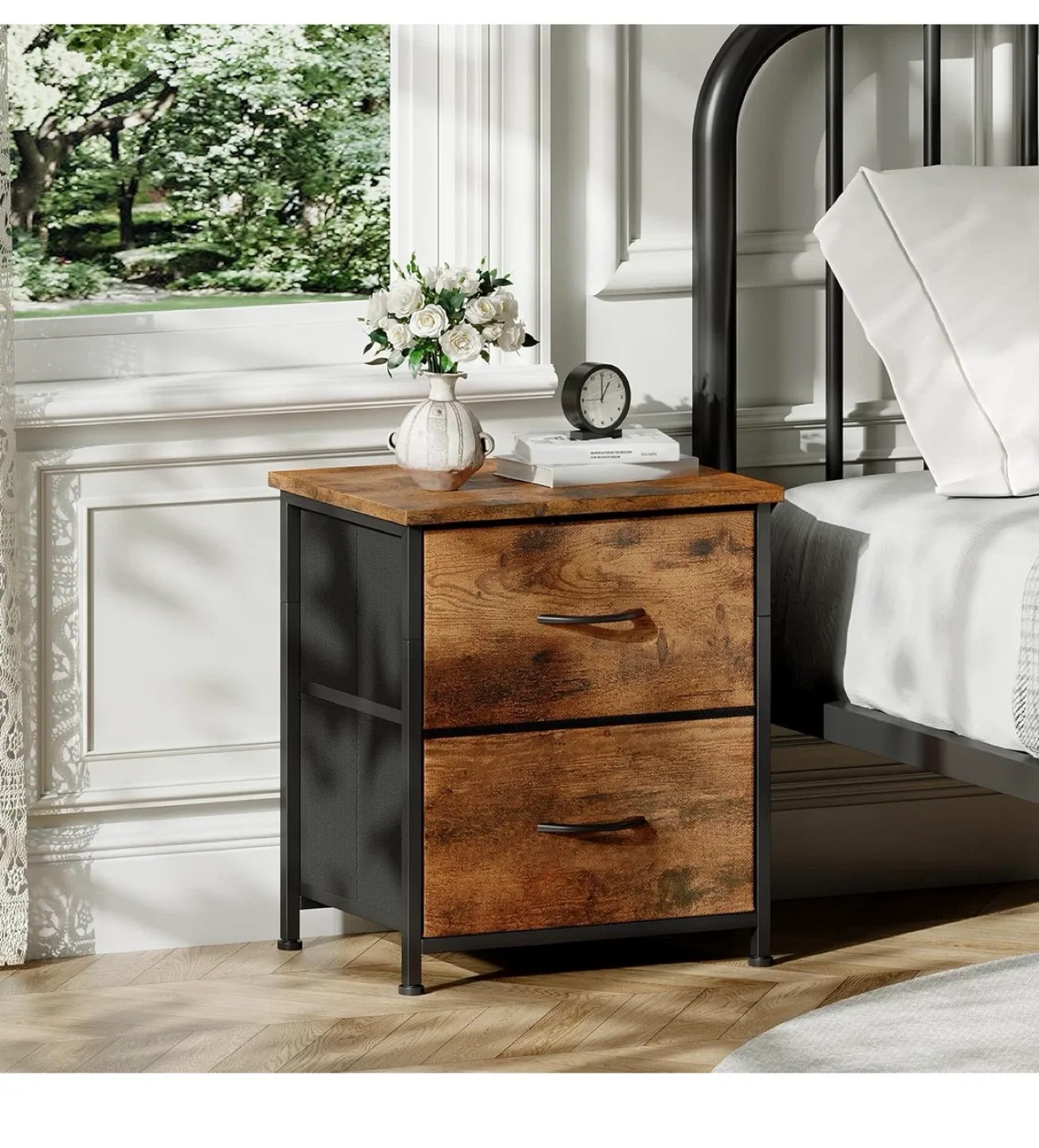 Wood & Black 2-Drawer Nightstand