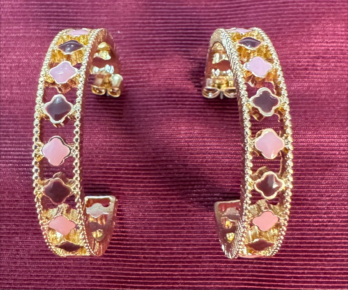 NEW! Gold Plated Hoop Earrings Clovers Pink & Plum Enamel