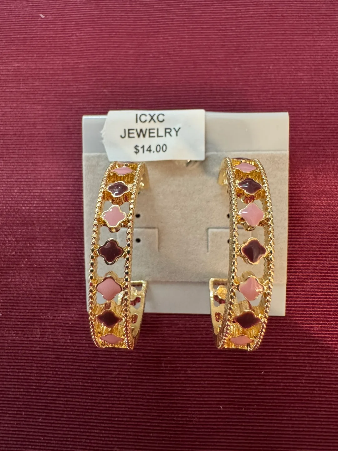 NEW! Gold Plated Hoop Earrings Clovers Pink & Plum Enamel image indicator(5)