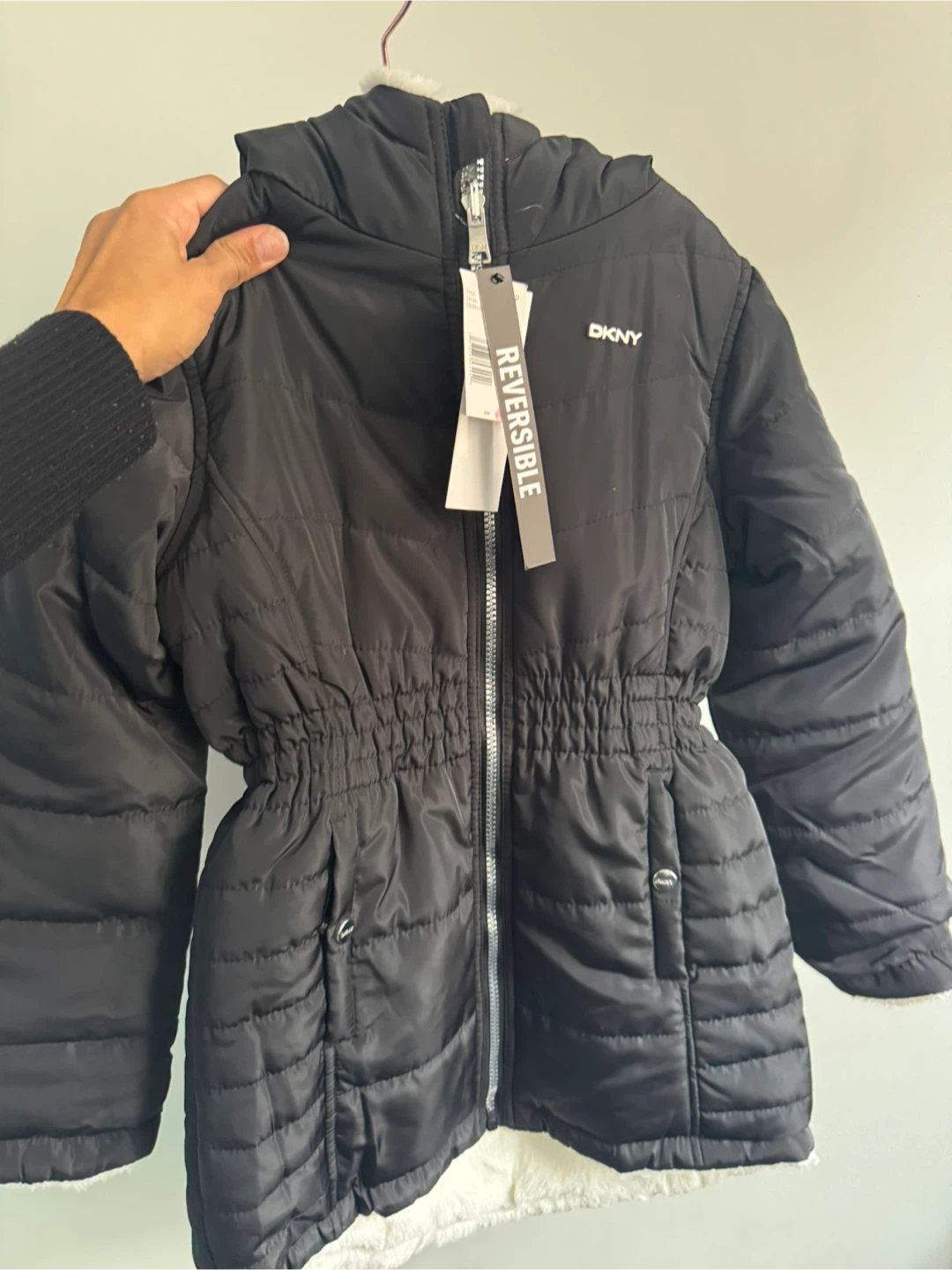 New DKNY Reversible Puffer Coat - Black/Cream - Size S