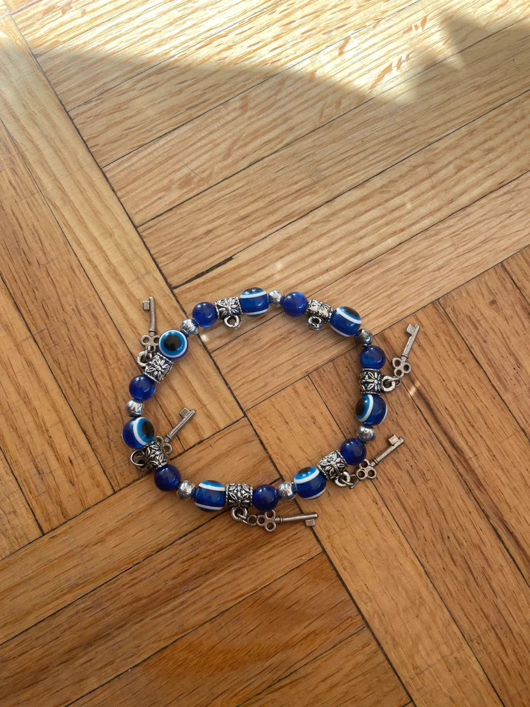 Evil Eye Beaded Bracelet with Keys - Blue & Silver