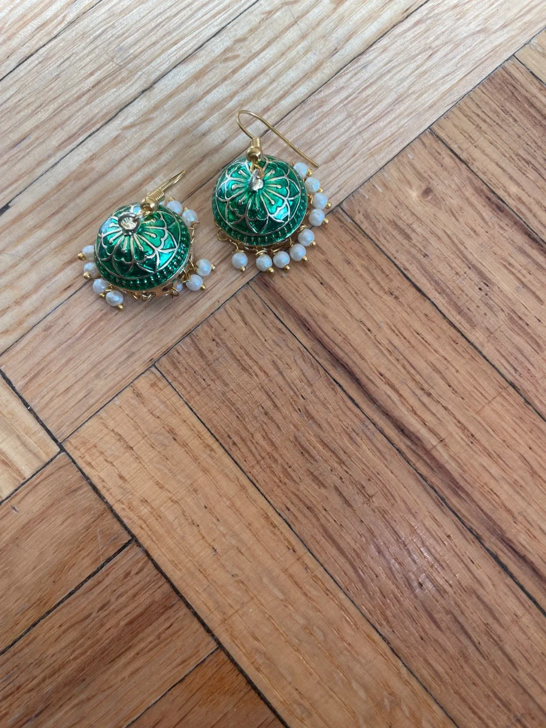 Green Enamel Earrings with Pearl Accents
