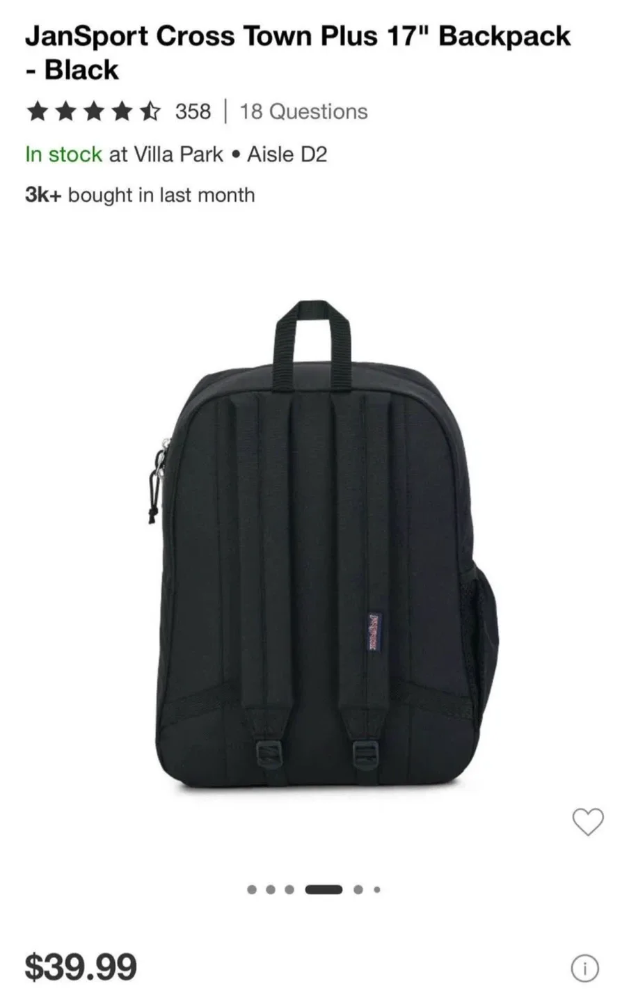 JanSport Cross Town Plus 17" Backpack - Black image indicator(3)