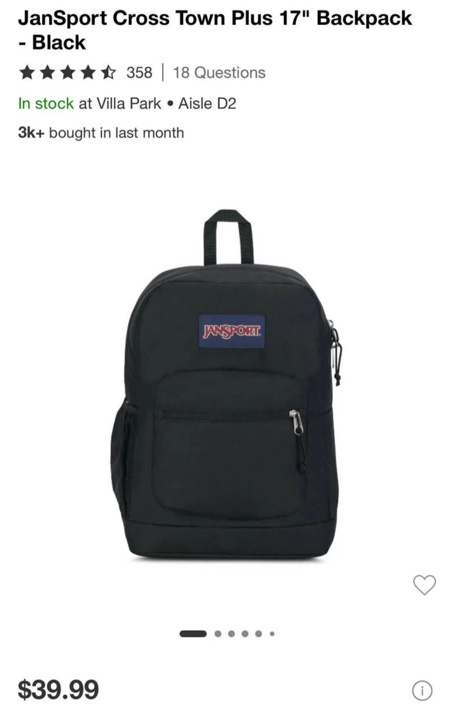JanSport Cross Town Plus 17" Backpack - Black