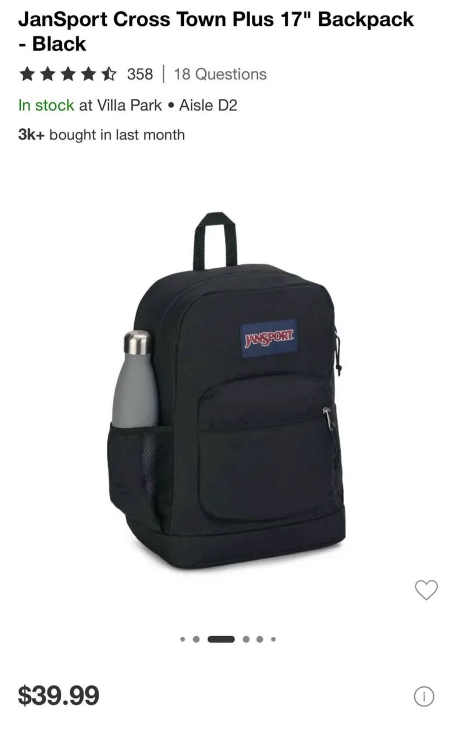 JanSport Cross Town Plus 17" Backpack - Black image indicator(2)