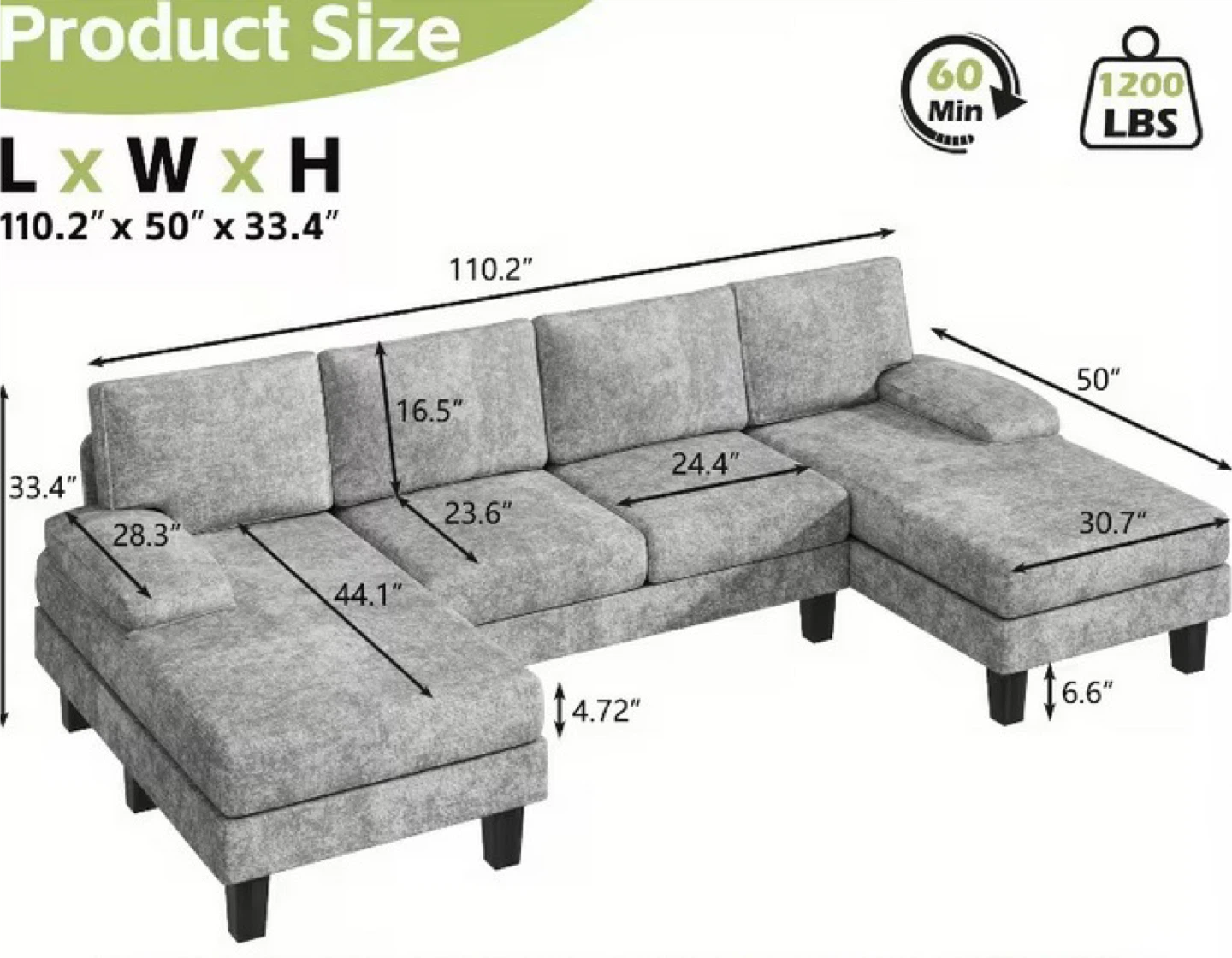 Gray Sectional Sofa (110.2" x 50" x 33.4")
