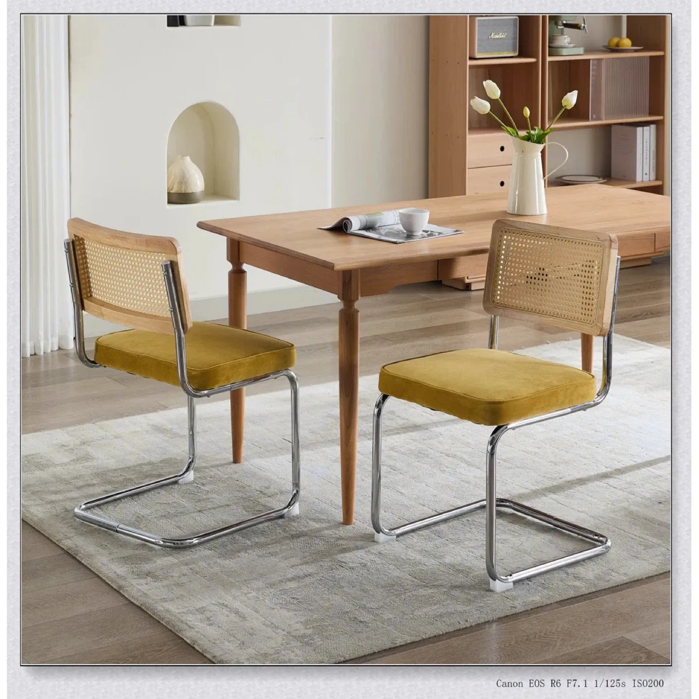 Rattan Back Dining Chair with gold velvet Cushion