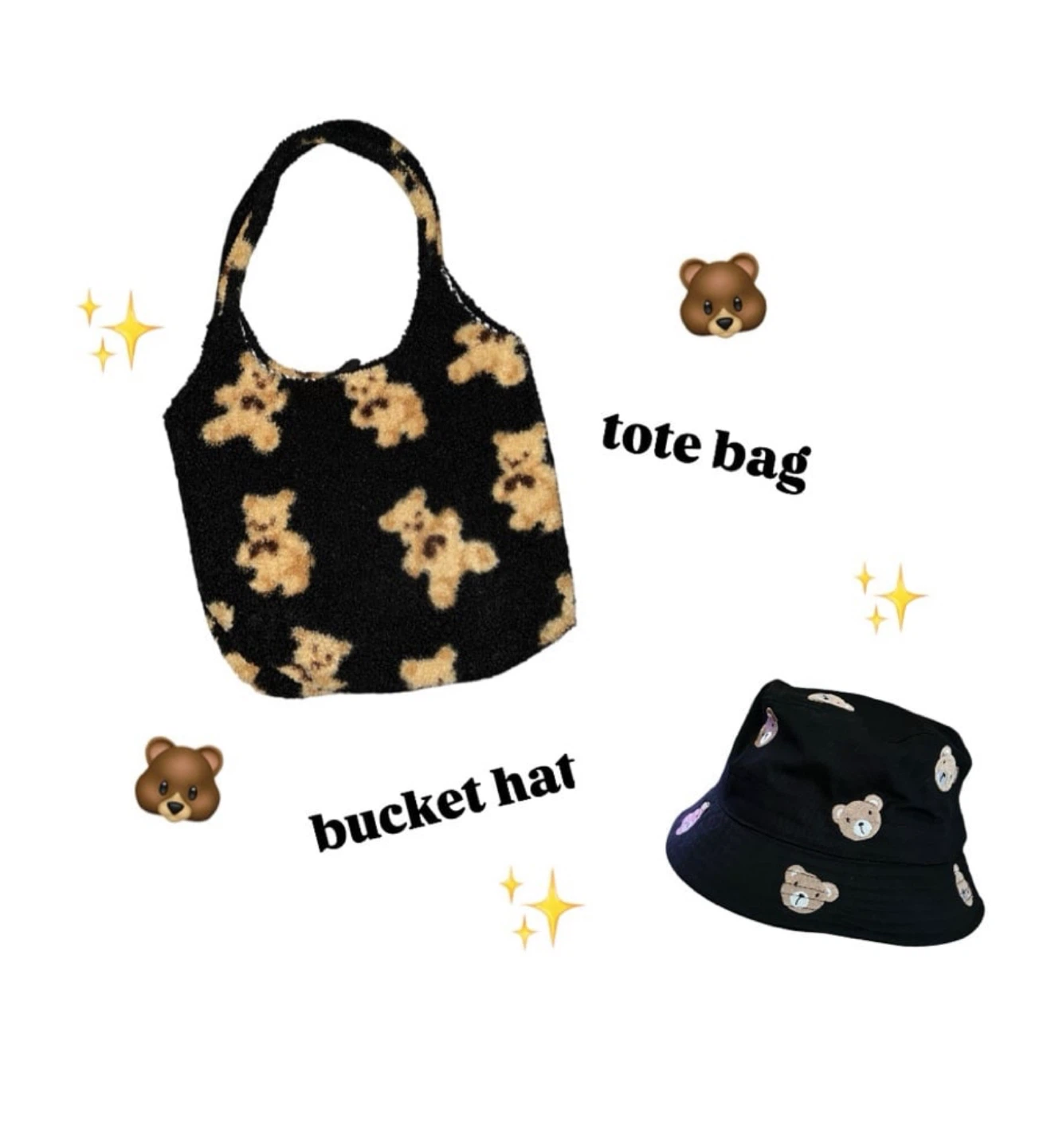 [SET] Teddy Bear Print Bucket Hat & Plush Tote Bag