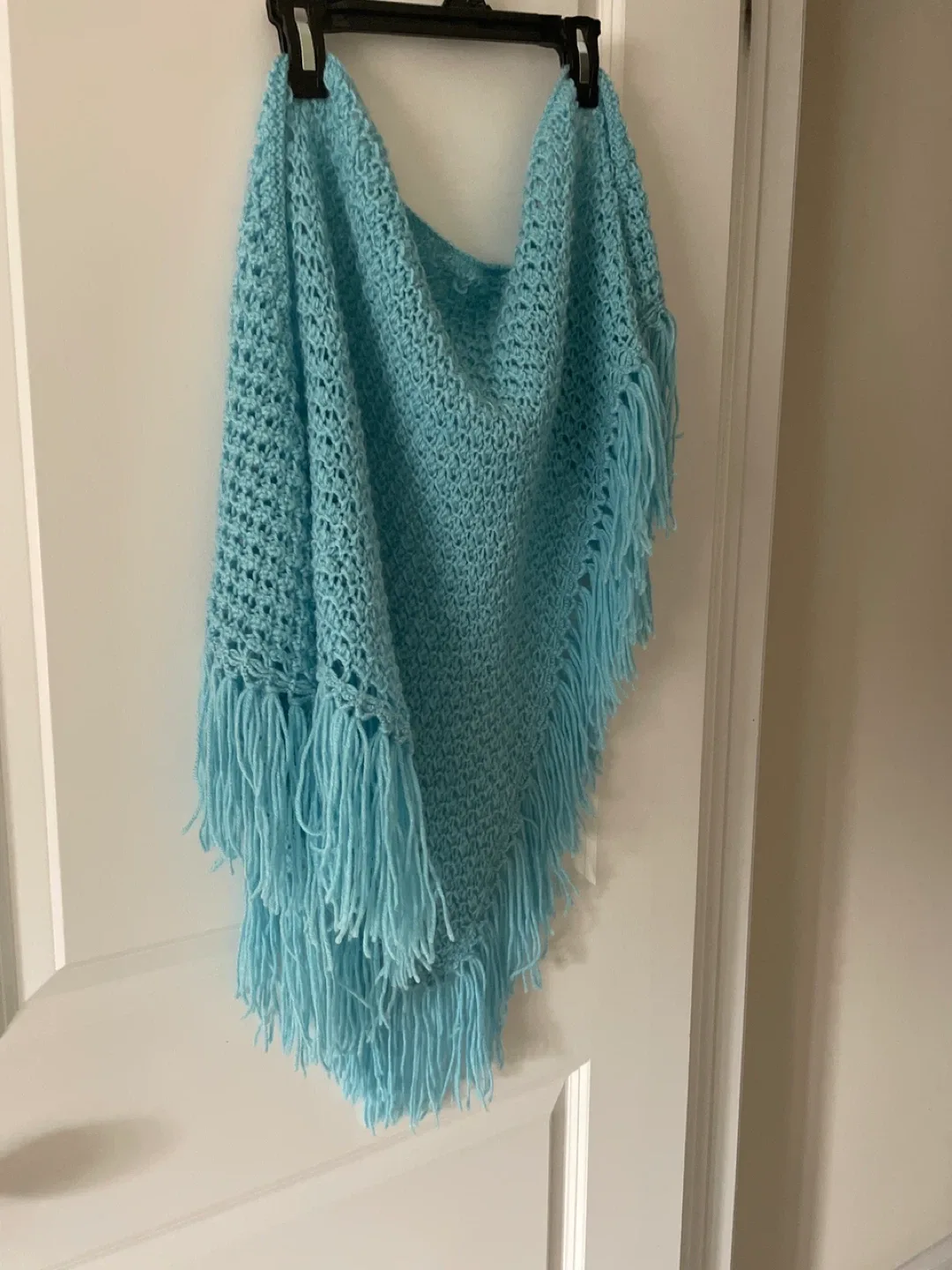 Handmade Crocheted Blue shawl with fringe like new thumbnail