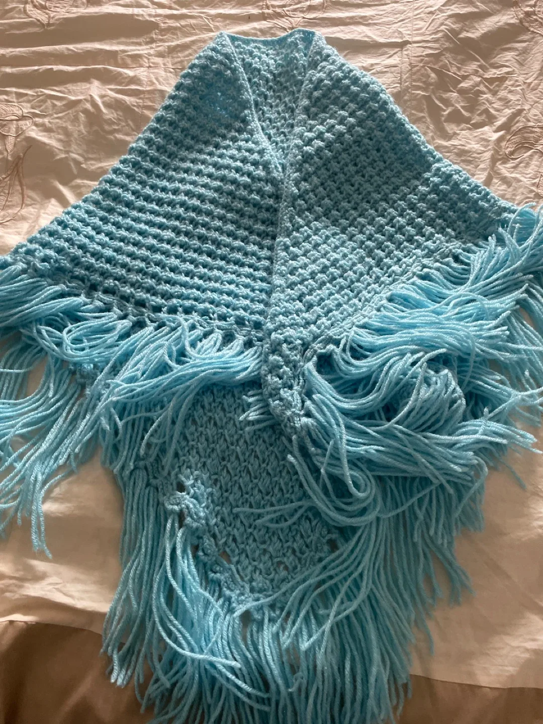 Handmade Crocheted Blue shawl with fringe like new image indicator(3)