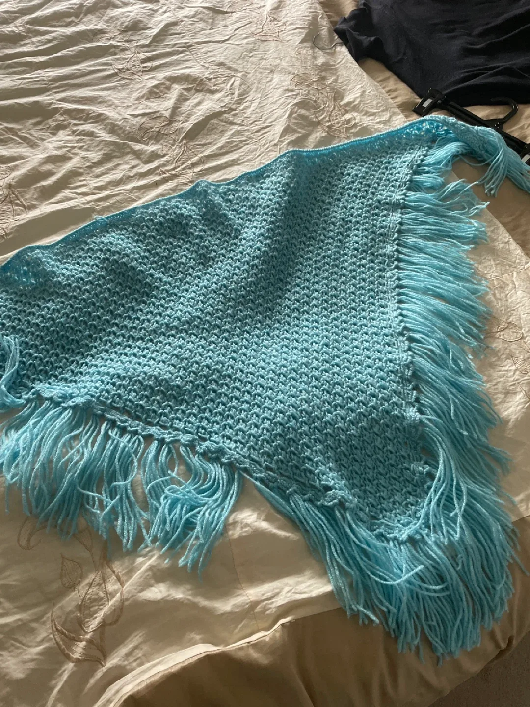 Handmade Crocheted Blue shawl with fringe like new image indicator(2)
