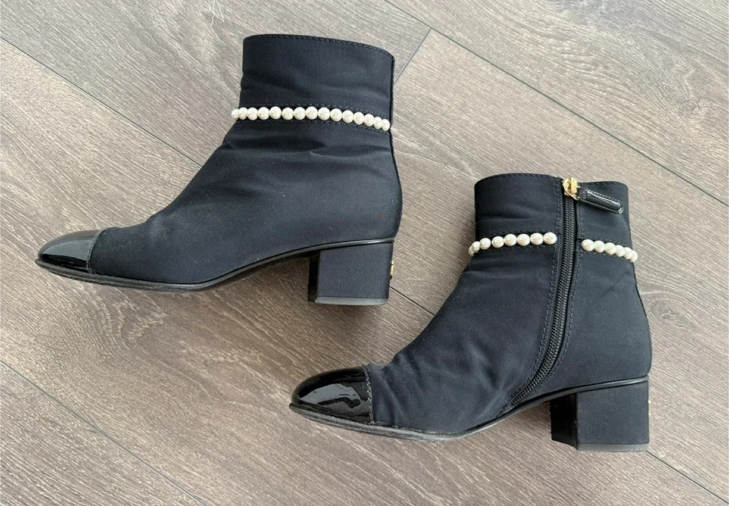 Chanel Black Pearl Embellished Ankle Boots - Size 36.5 image indicator(7)