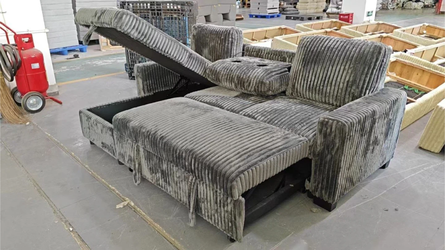Grey Corduroy Sectional Sofa bed with Storage