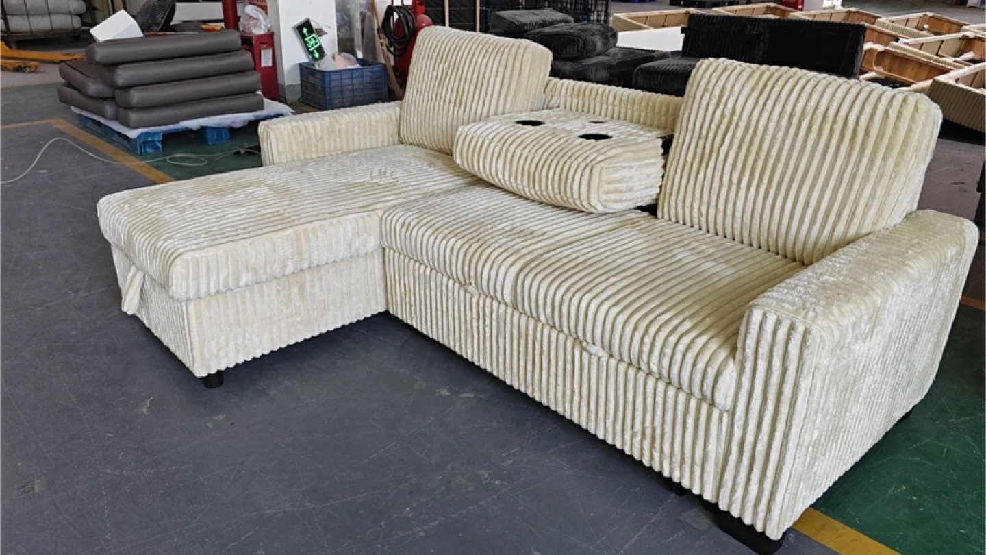 Cream Corduroy Sectional Sofa bed with Ottoman