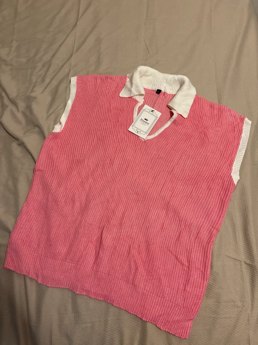 Disamer Pink & White Knit Sleeveless Top (Size L) image indicator(2)