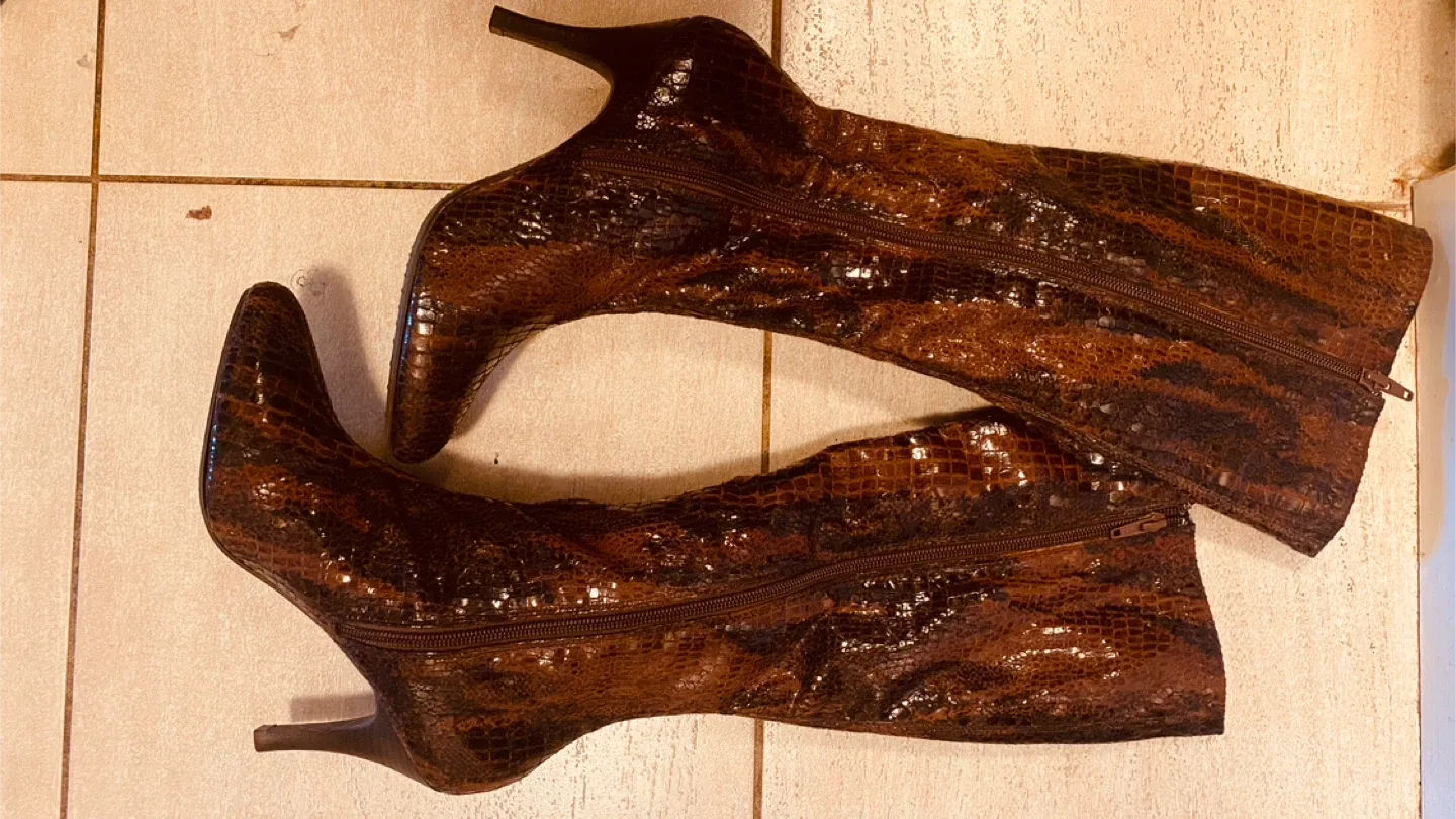 Brown Snakeskin Print Knee High Boots image indicator(5)