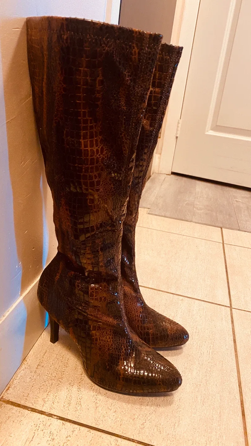Brown Snakeskin Print Knee High Boots image indicator(3)