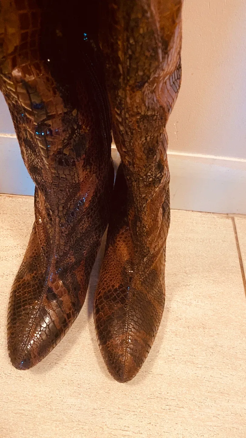 Brown Snakeskin Print Knee High Boots image indicator(2)