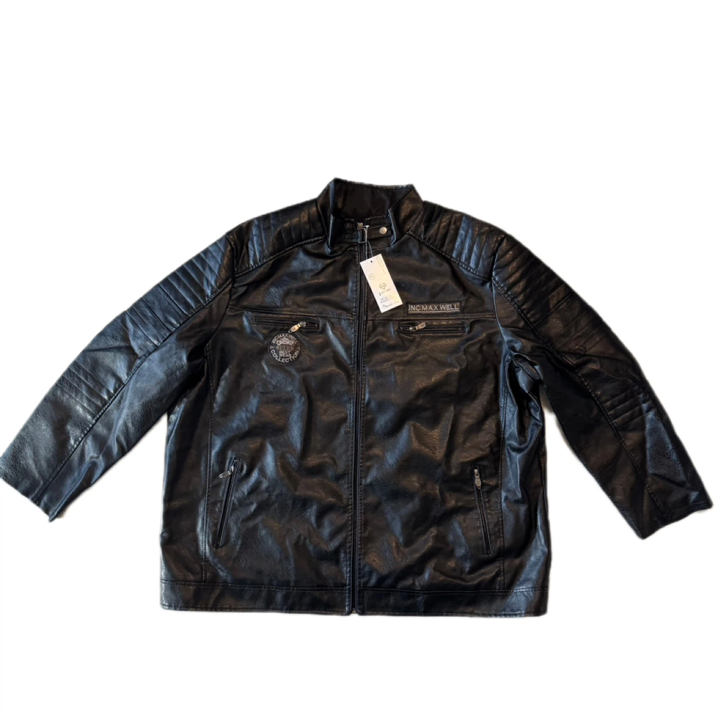 J.HUDU Men’s Faux Leather Moto Jacket – Black – Size 6XL – New