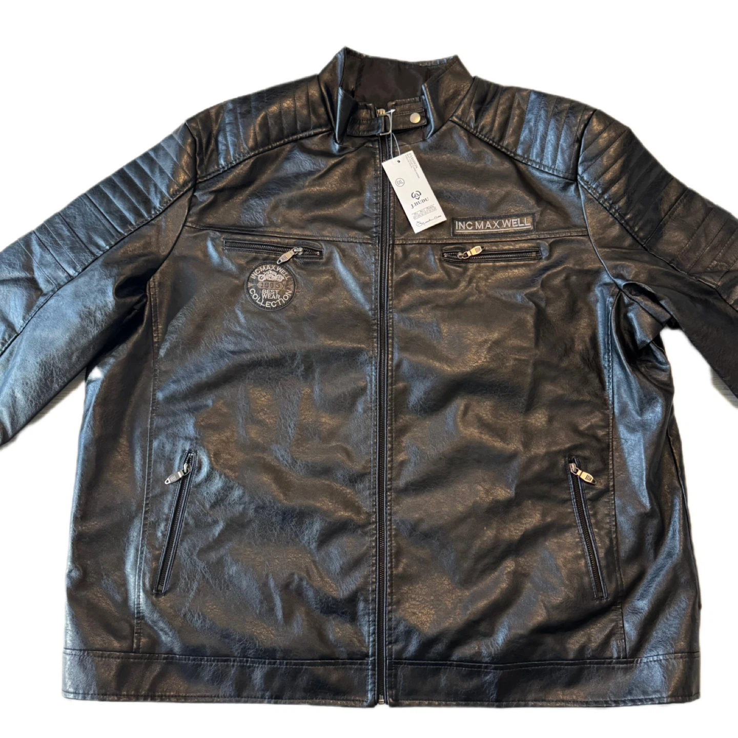 J.HUDU Men’s Faux Leather Moto Jacket – Black – Size 6XL – New - photo 3