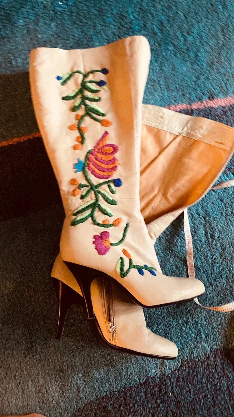 Floral Embroidered Knee-High Leather Boots image indicator(5)