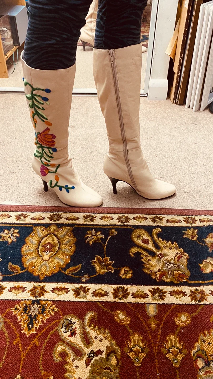 Floral Embroidered Knee-High Leather Boots image indicator(2)