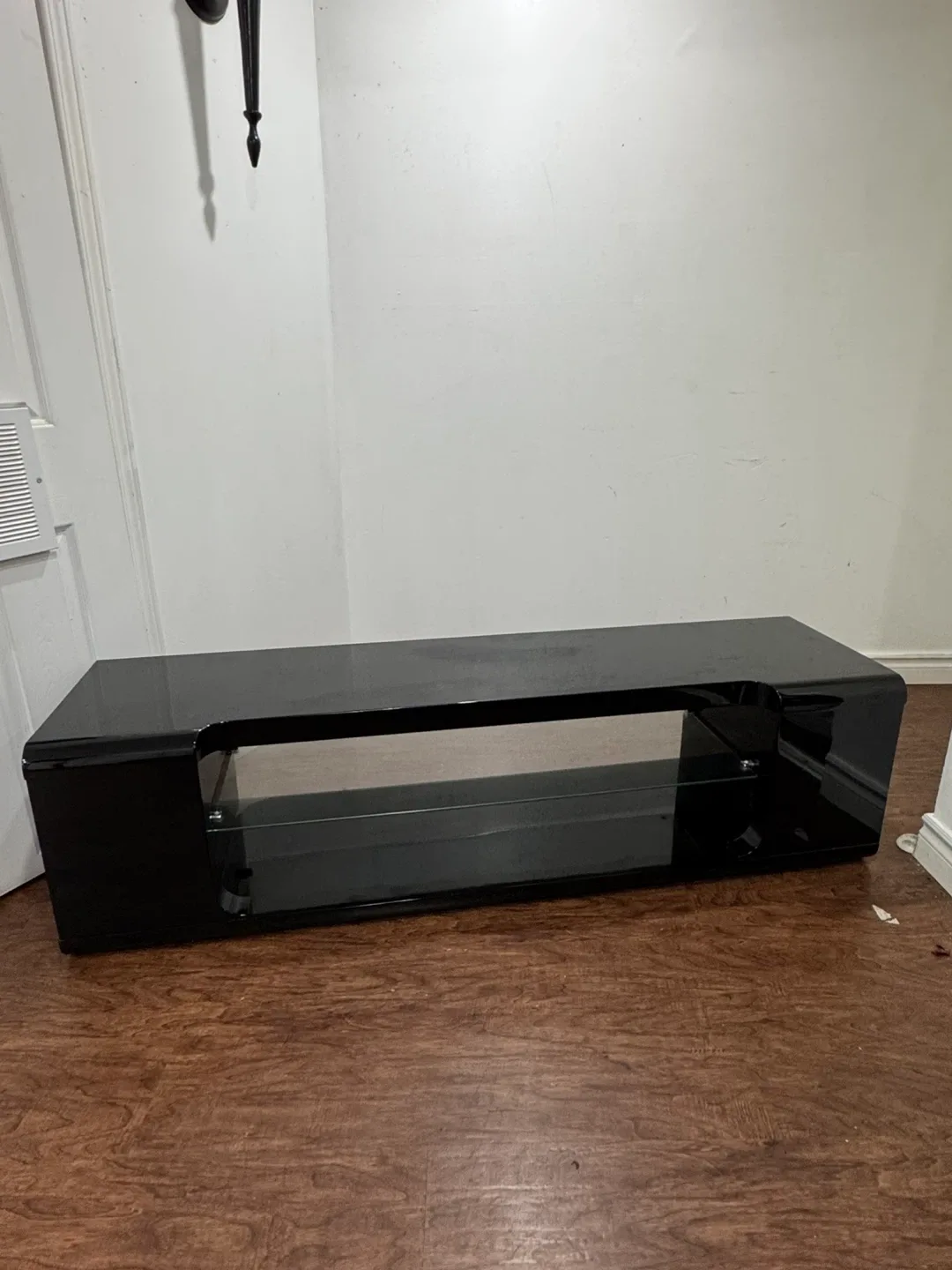 60” Glossy Black TV Stand with tempered Glass Shelf thumbnail