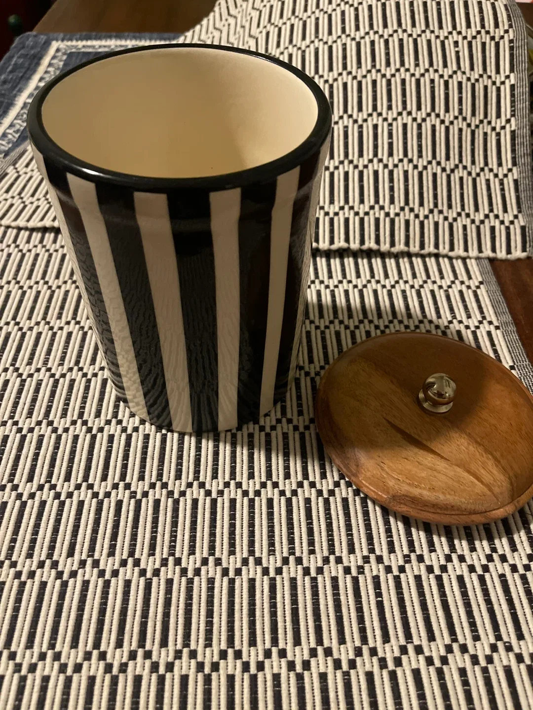 Striped Ceramic Jar with Wooden Lid