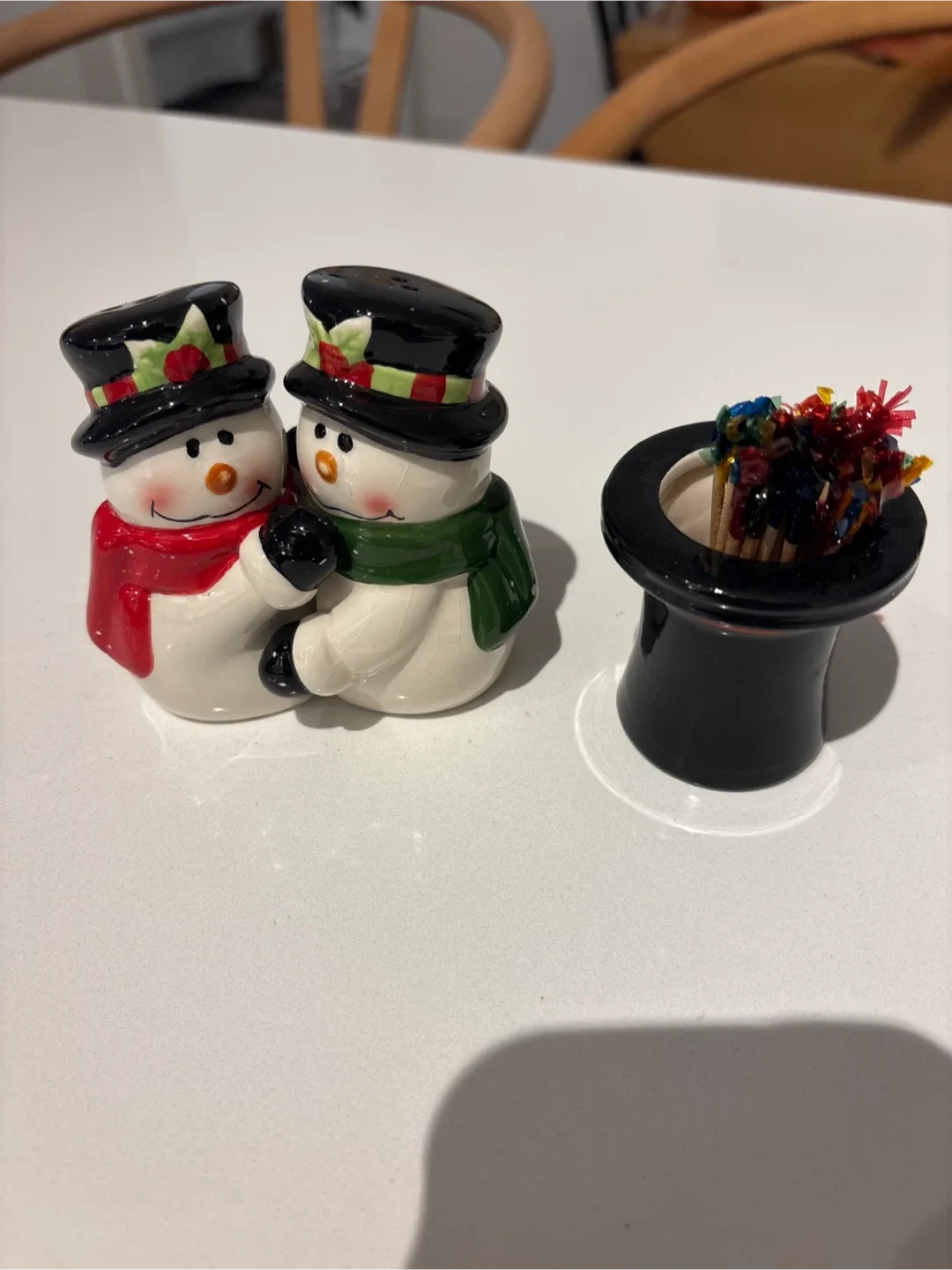 Snowman Salt & Pepper Shakers with Toothpick Holder