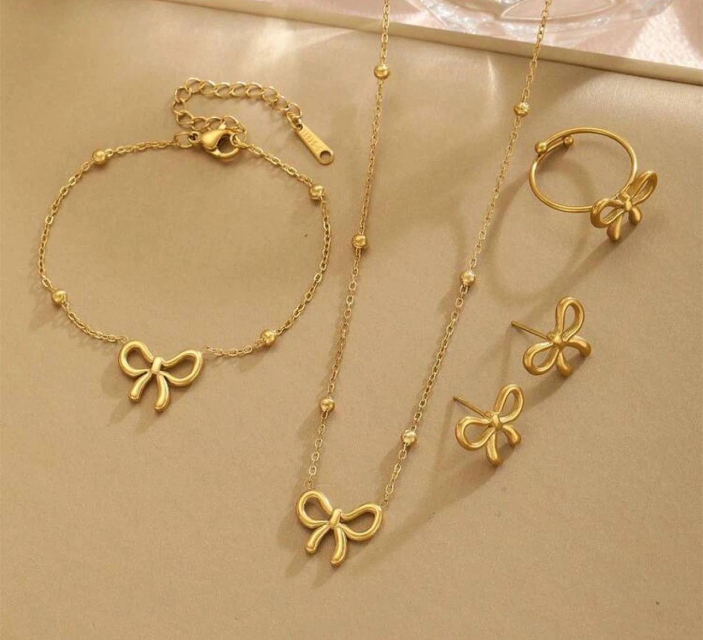Gold Bow Jewelry Set - Necklace, Bracelet, Ring, Earrings - photo 2