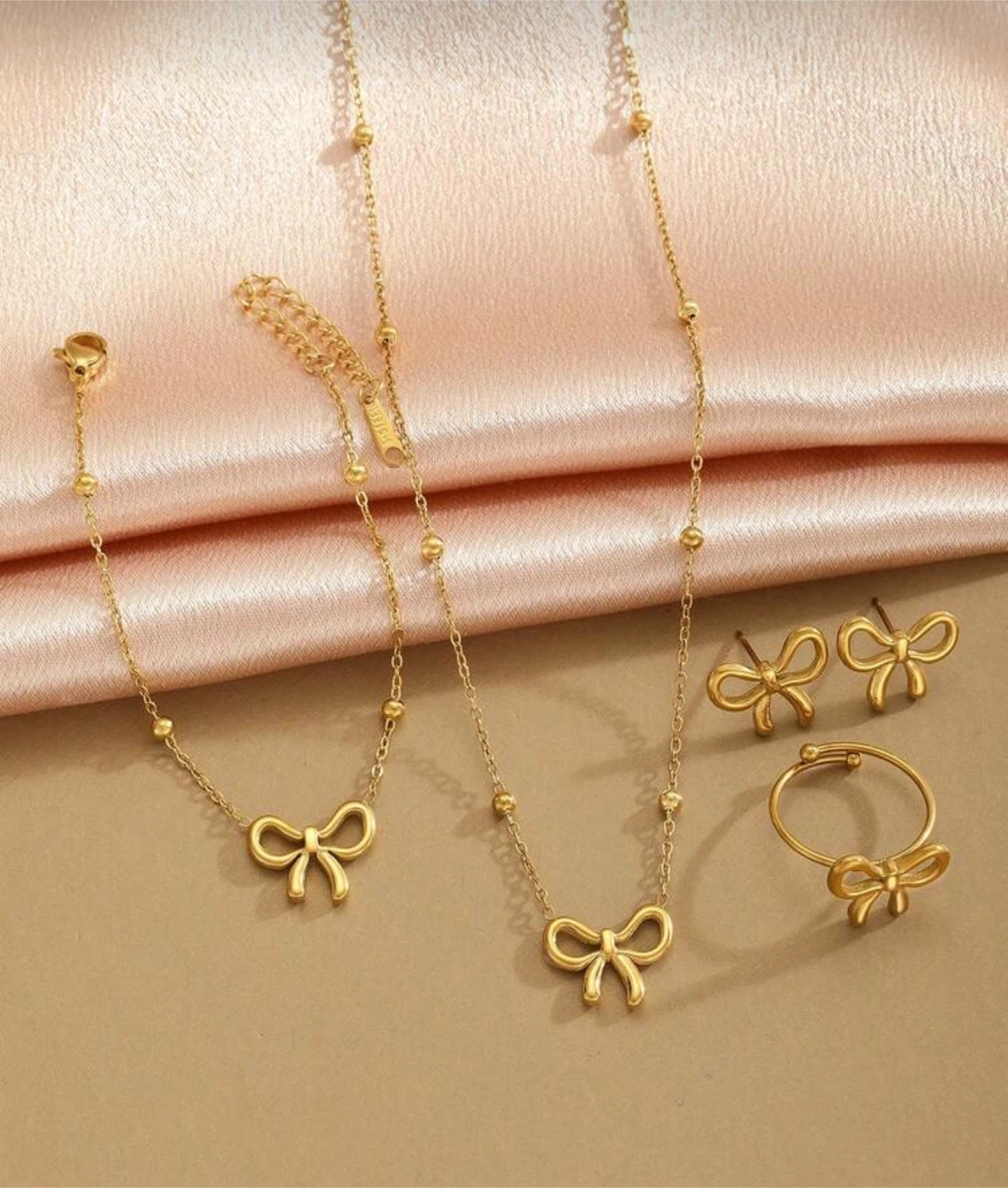 Gold Bow Jewelry Set - Necklace, Bracelet, Ring, Earrings