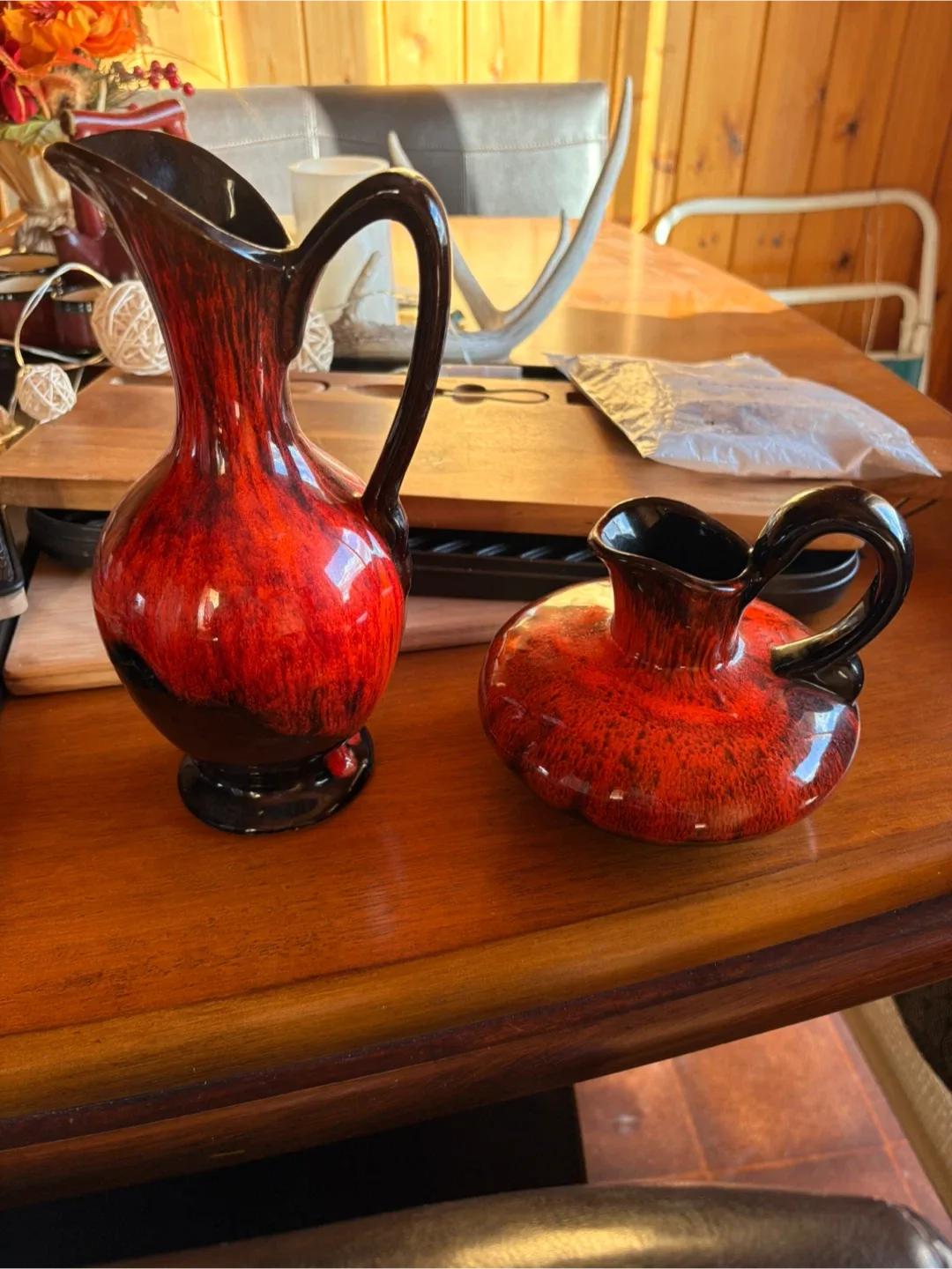Vintage Red & Black Ceramic Pitcher Set