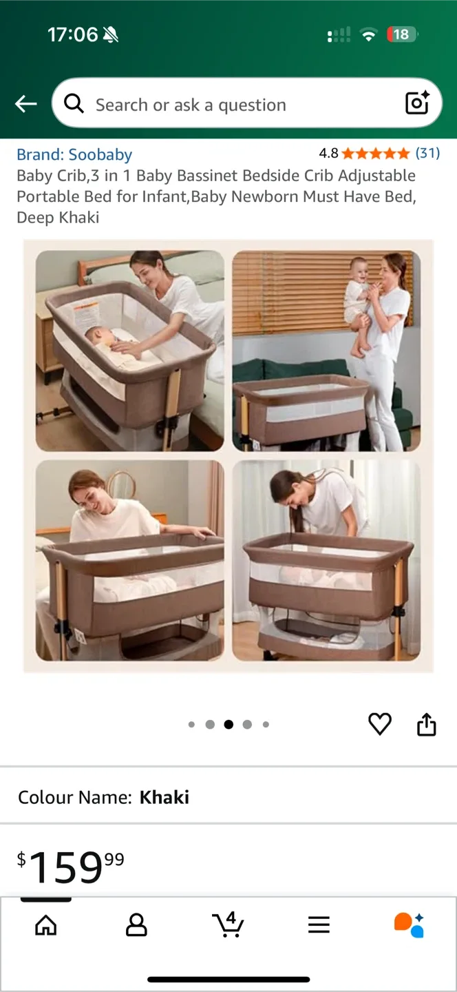 Soobaby 3-in-1 Bassinet Bedside Crib - Khaki image indicator(2)
