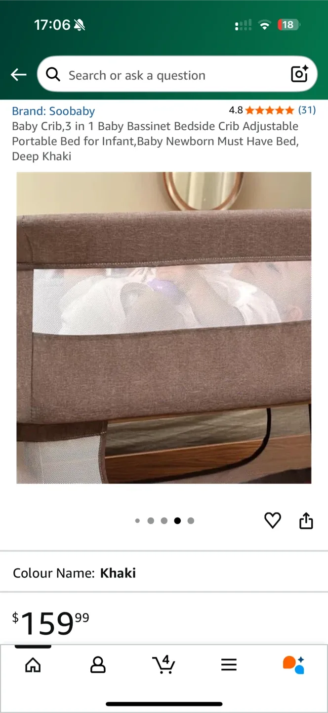 Soobaby 3-in-1 Bassinet Bedside Crib - Khaki image indicator(3)