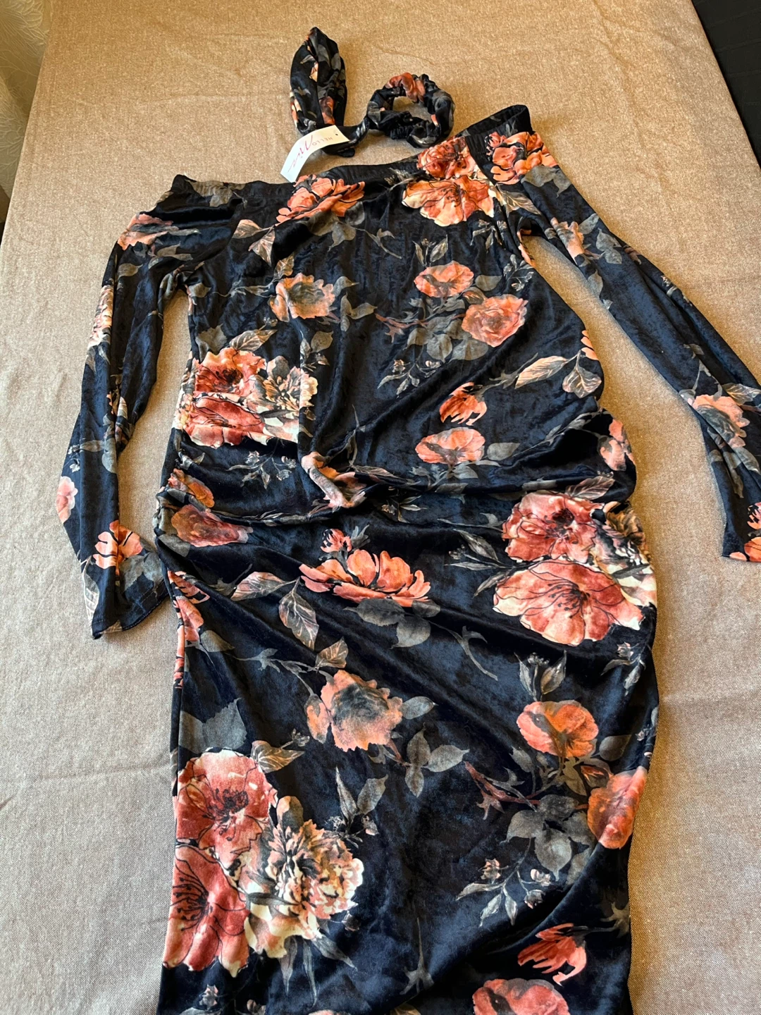 Maternity Floral Velvet Dress with Matching Headband