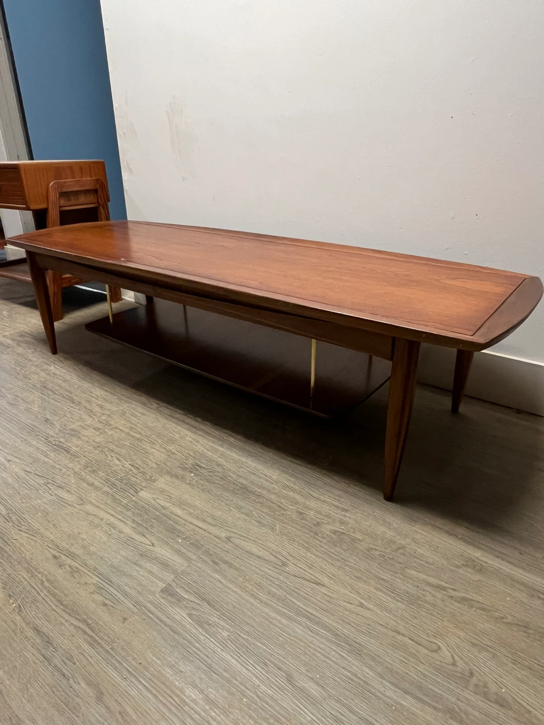 Mcm refinished!!walnut coffee table with magazine shelf