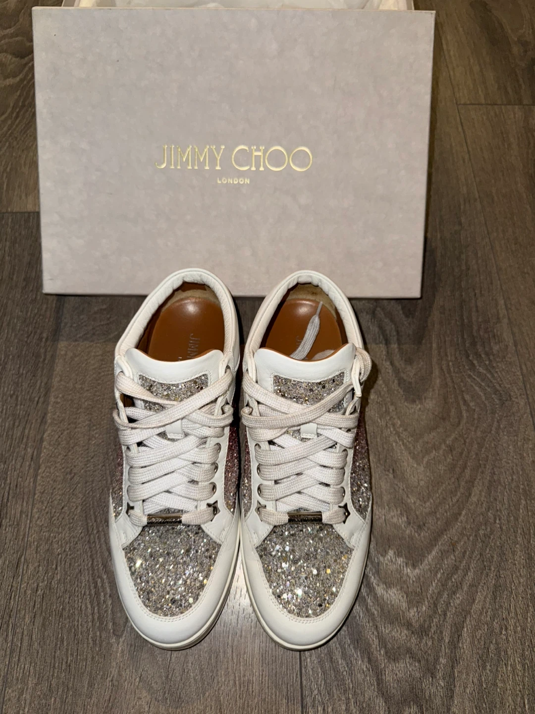 Jimmy Choo Miami Platinum/Flamingo Glitter Sneakers - Size 37