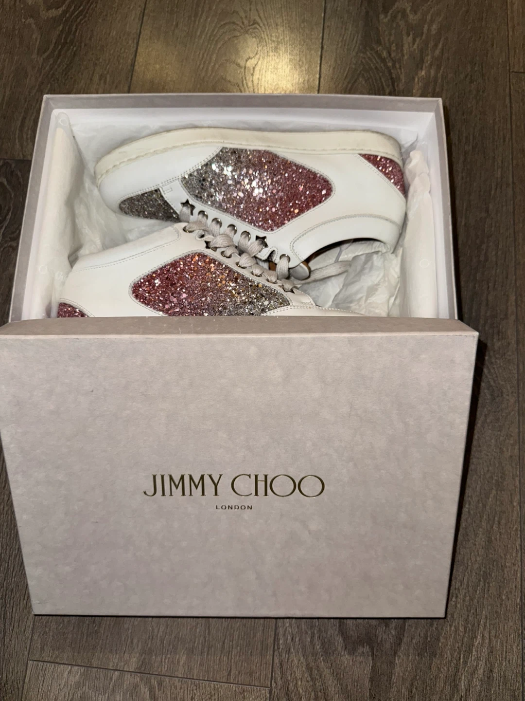 Jimmy Choo Miami Platinum/Flamingo Glitter Sneakers - Size 37 - photo 2