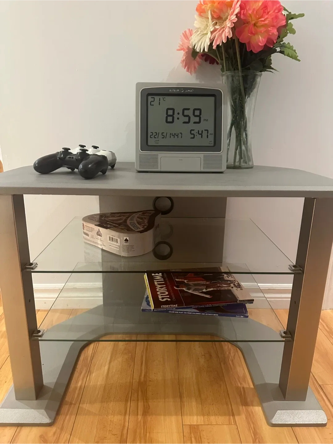 Silver TV Stand with Glass Shelves