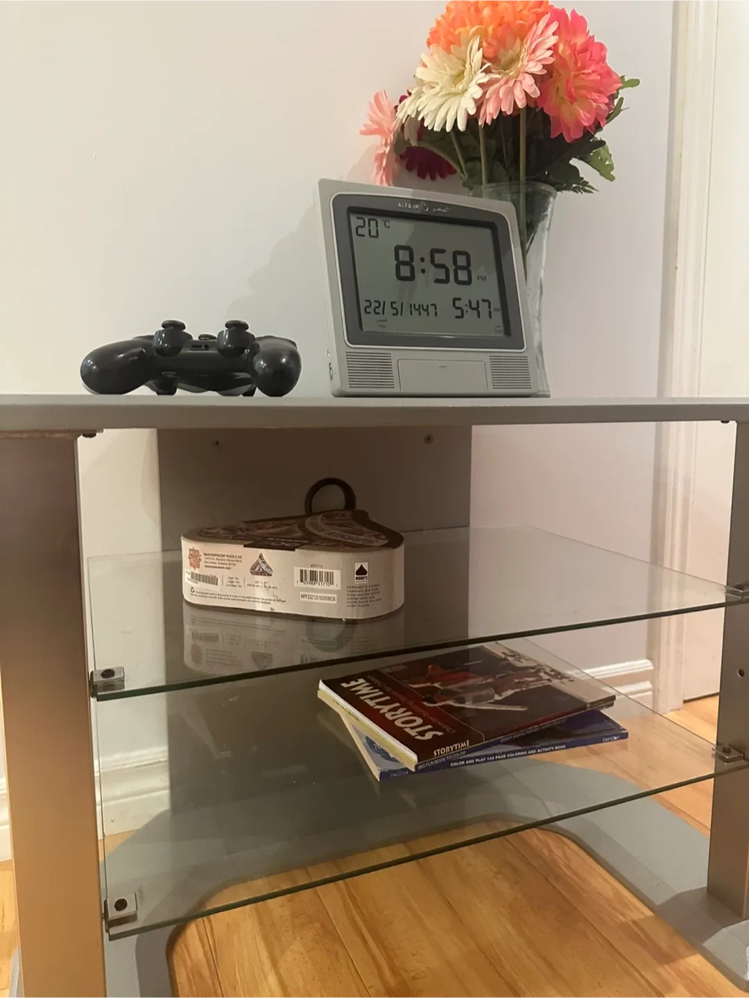 Silver TV Stand with Glass Shelves image indicator(5)