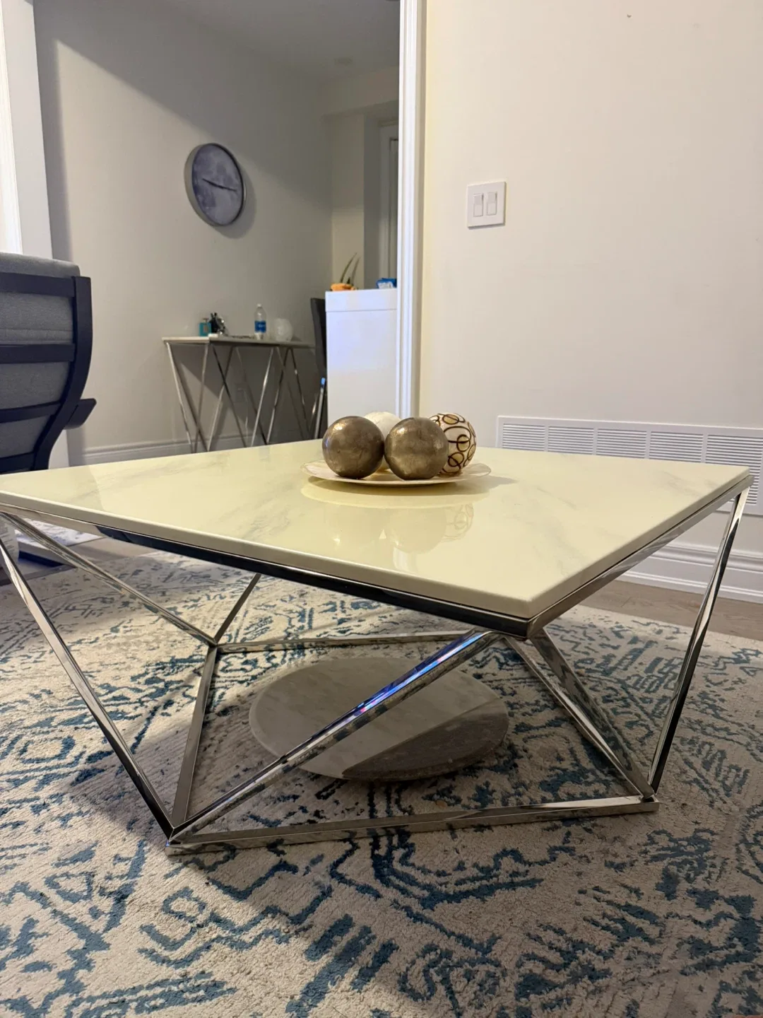 Square Coffee Table, Marble Top, Silver Frame