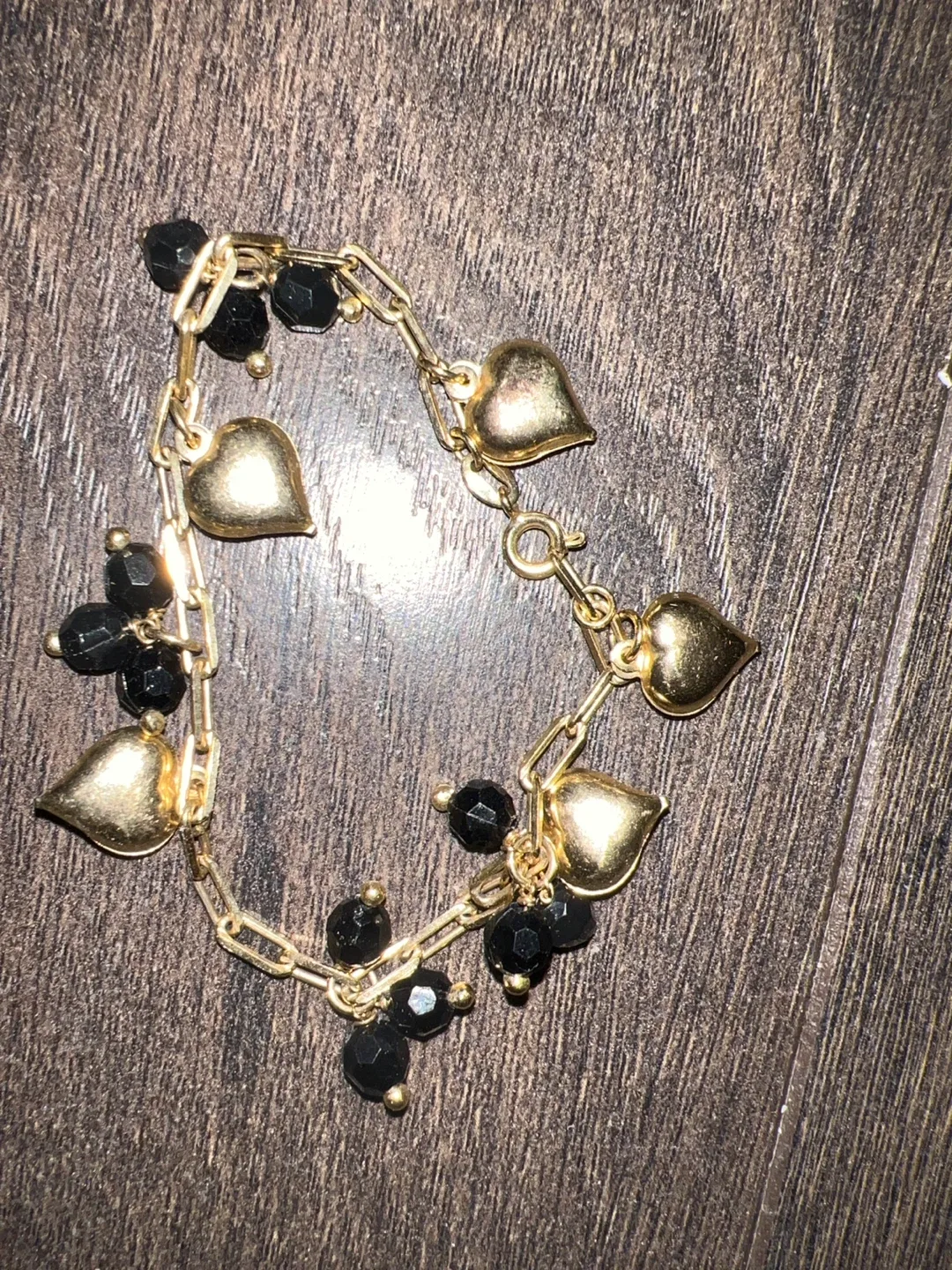 Gold-tone Heart & Black Bead Bracelet