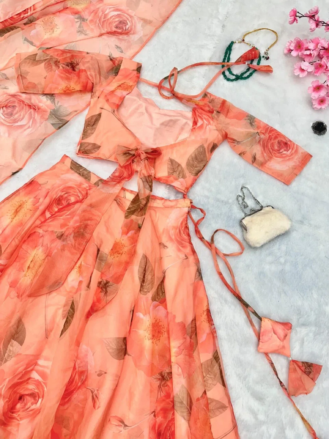 Floral Lehenga Choli Set - Peach/Orange image indicator(3)